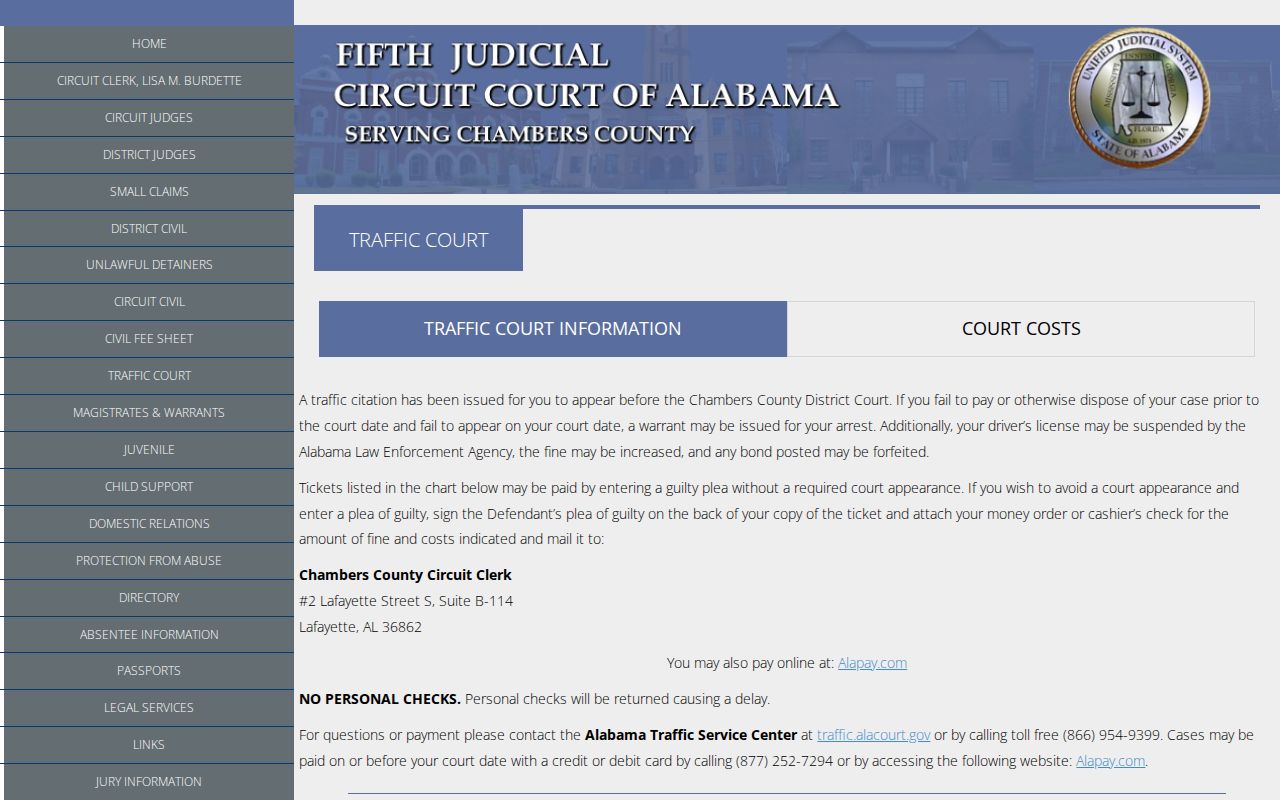 Chambers County traffic warrant warning on the official traffic court page